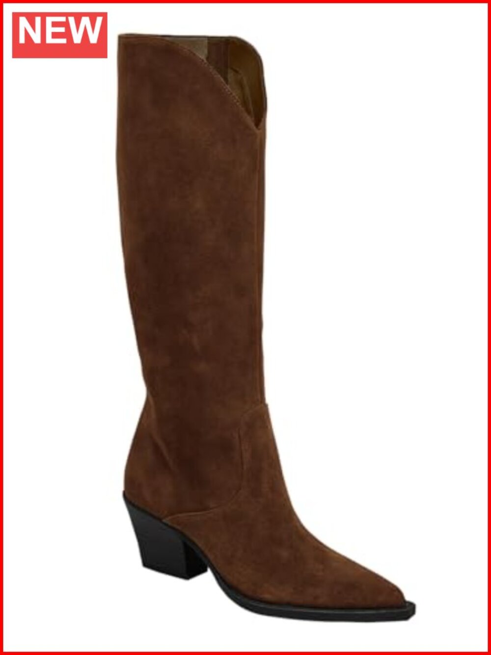 Wide Calf Suede Knee High Western Boots Chunky Heel Pointed Toe